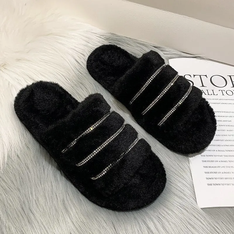 GHJIOL Winter Furry Slippers Women's Rhinestone Decor Fluffy Slippers Warm Slipper Crystal Soft Ladies Shoes Woman Female Shoe