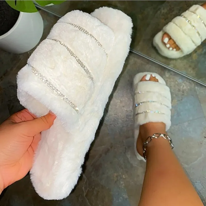 GHJIOL Winter Furry Slippers Women's Rhinestone Decor Fluffy Slippers Warm Slipper Crystal Soft Ladies Shoes Woman Female Shoe