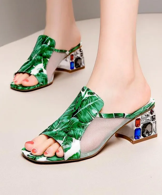 Green Breathable Mesh Splicing Zircon Slide Sandals RT1052