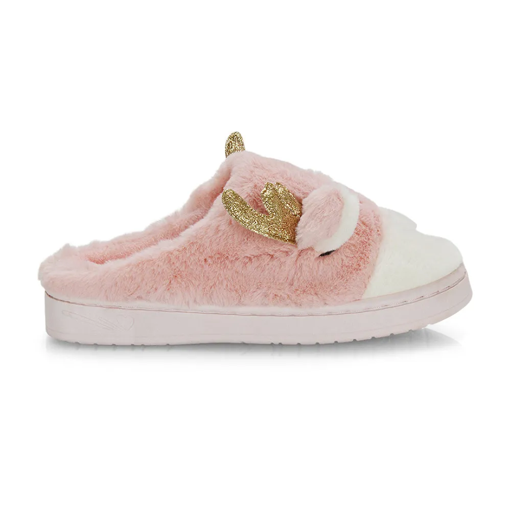 Immie Faux Fur Soft Fluffy Christmas Slip on Cosy Reindeer Slippers in Pink