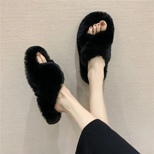 Indoor Women Fur Slippers Fluffy Soft Furry Slides Thick Flats Heel