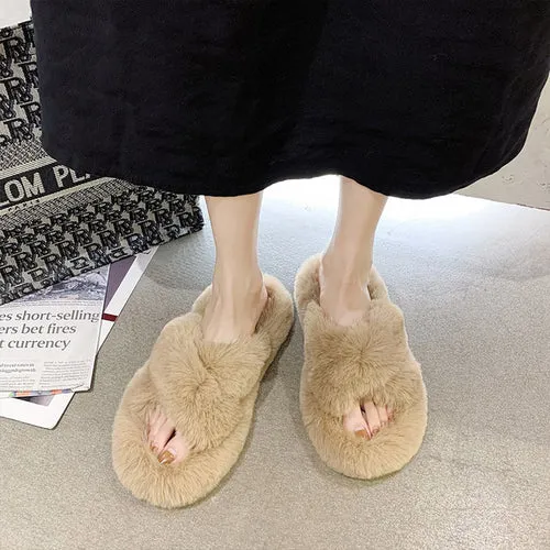 Indoor Women Fur Slippers Fluffy Soft Furry Slides Thick Flats Heel