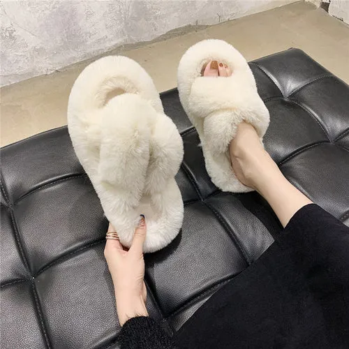 Indoor Women Fur Slippers Fluffy Soft Furry Slides Thick Flats Heel