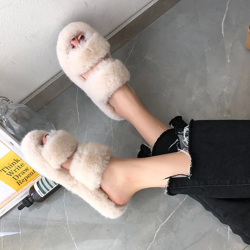 Indoor Women Fur Slippers Fluffy Soft Furry Slides Thick Flats Heel