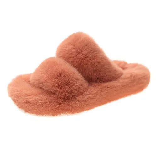 Indoor Women Fur Slippers Fluffy Soft Furry Slides Thick Flats Heel