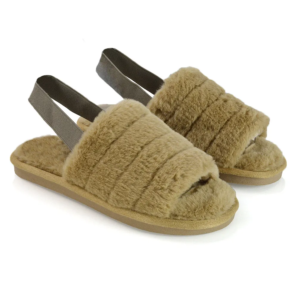 Lana Faux Fur Sling Back Ribbed Strappy Soft Cosy Fluffy Slippers in Grey