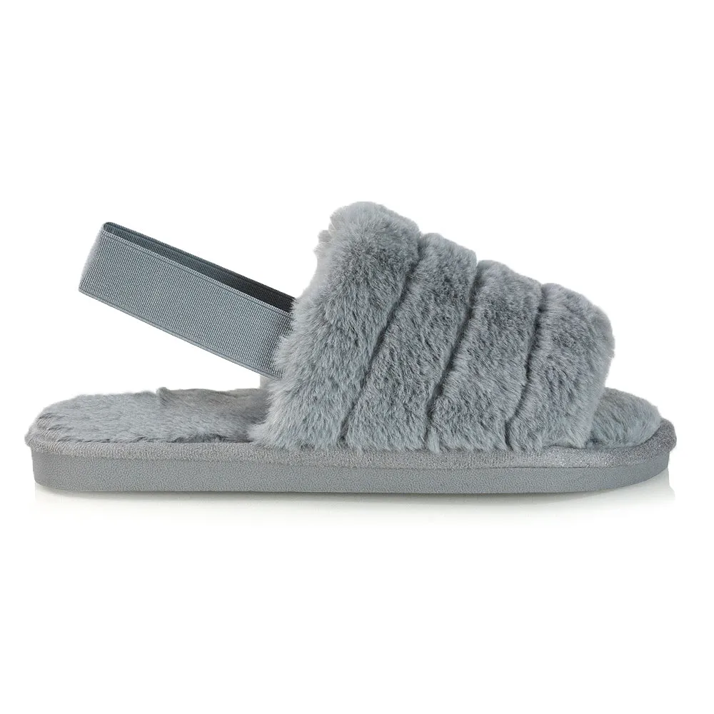 Lana Faux Fur Sling Back Ribbed Strappy Soft Cosy Fluffy Slippers in Grey