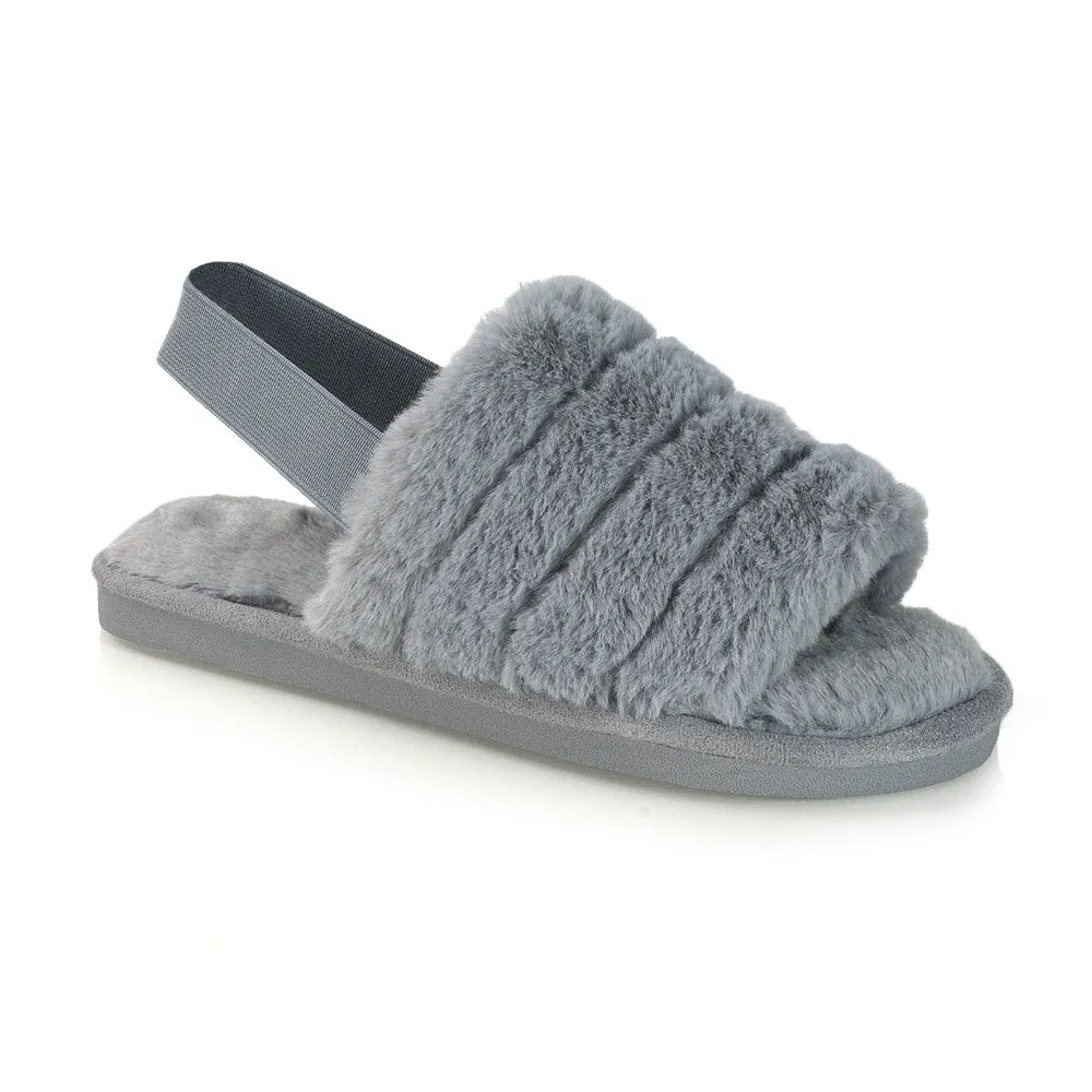 Lana Faux Fur Sling Back Ribbed Strappy Soft Cosy Fluffy Slippers in Grey