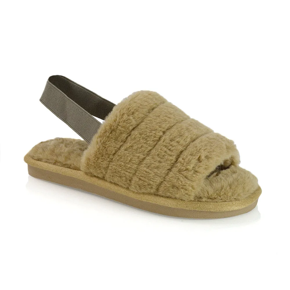 Lana Faux Fur Sling Back Ribbed Strappy Soft Cosy Fluffy Slippers in Grey