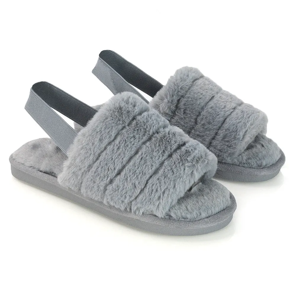 Lana Faux Fur Sling Back Ribbed Strappy Soft Cosy Fluffy Slippers in Grey