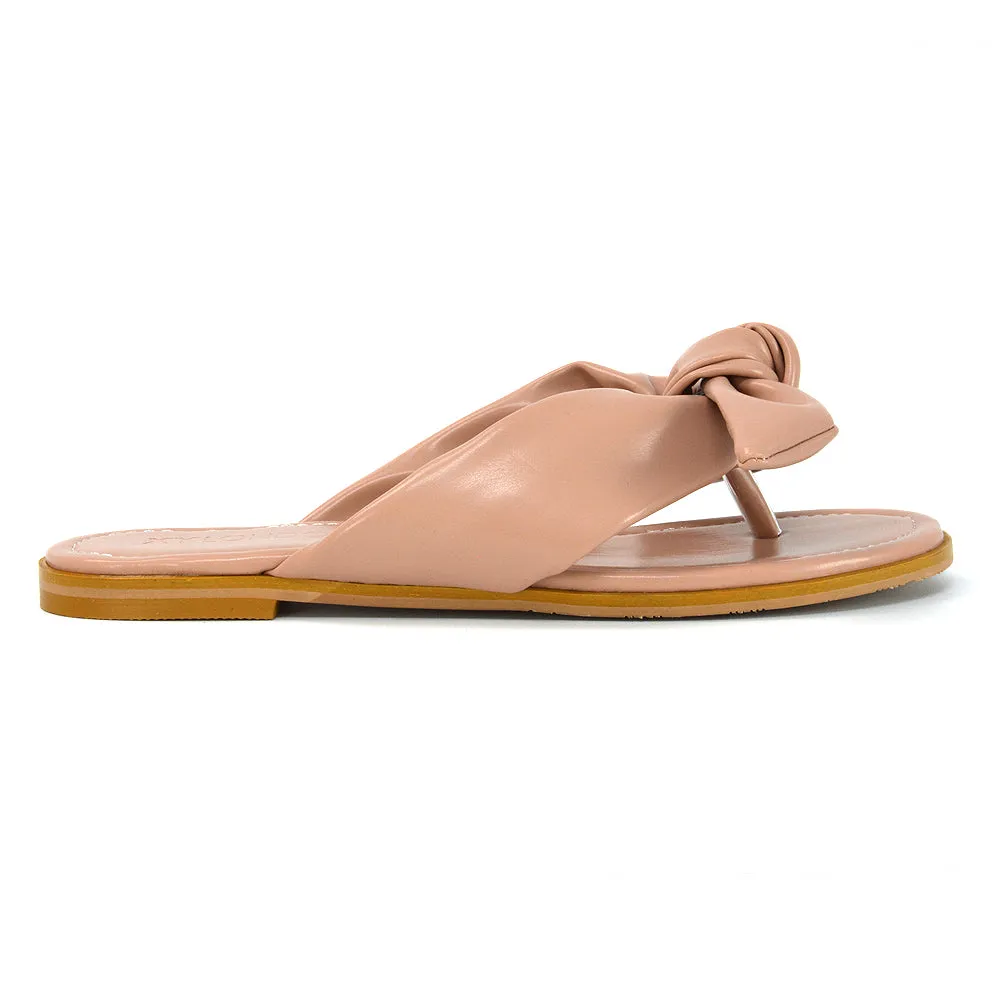 Marleigh Bow Detail Toe Post Flat Sandal Slides in NUDE SYNTHETIC LEATHER