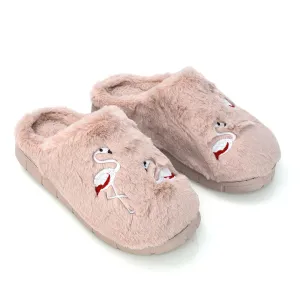 Morgan Faux Fur Fluffy Flat Cosy Flamingo Embellished Slipper Mules in Light Pink