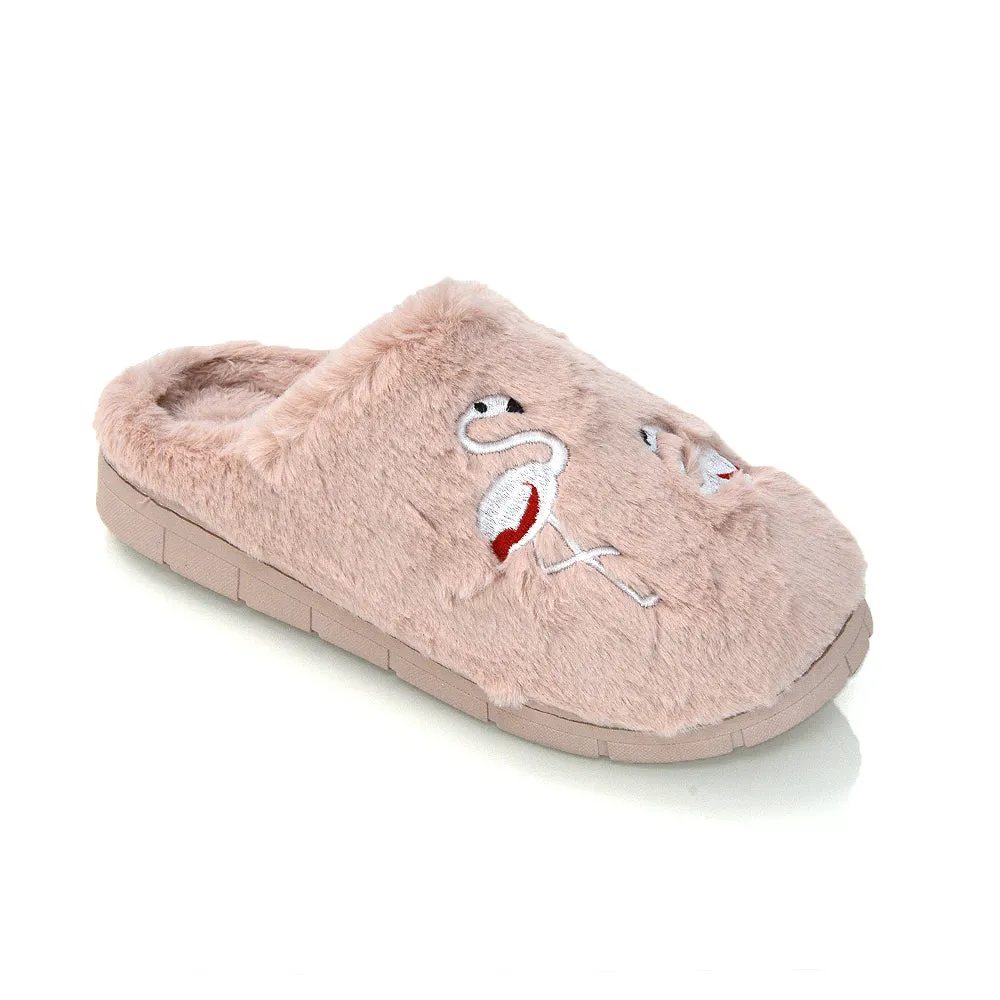 Morgan Faux Fur Fluffy Flat Cosy Flamingo Embellished Slipper Mules in Light Pink