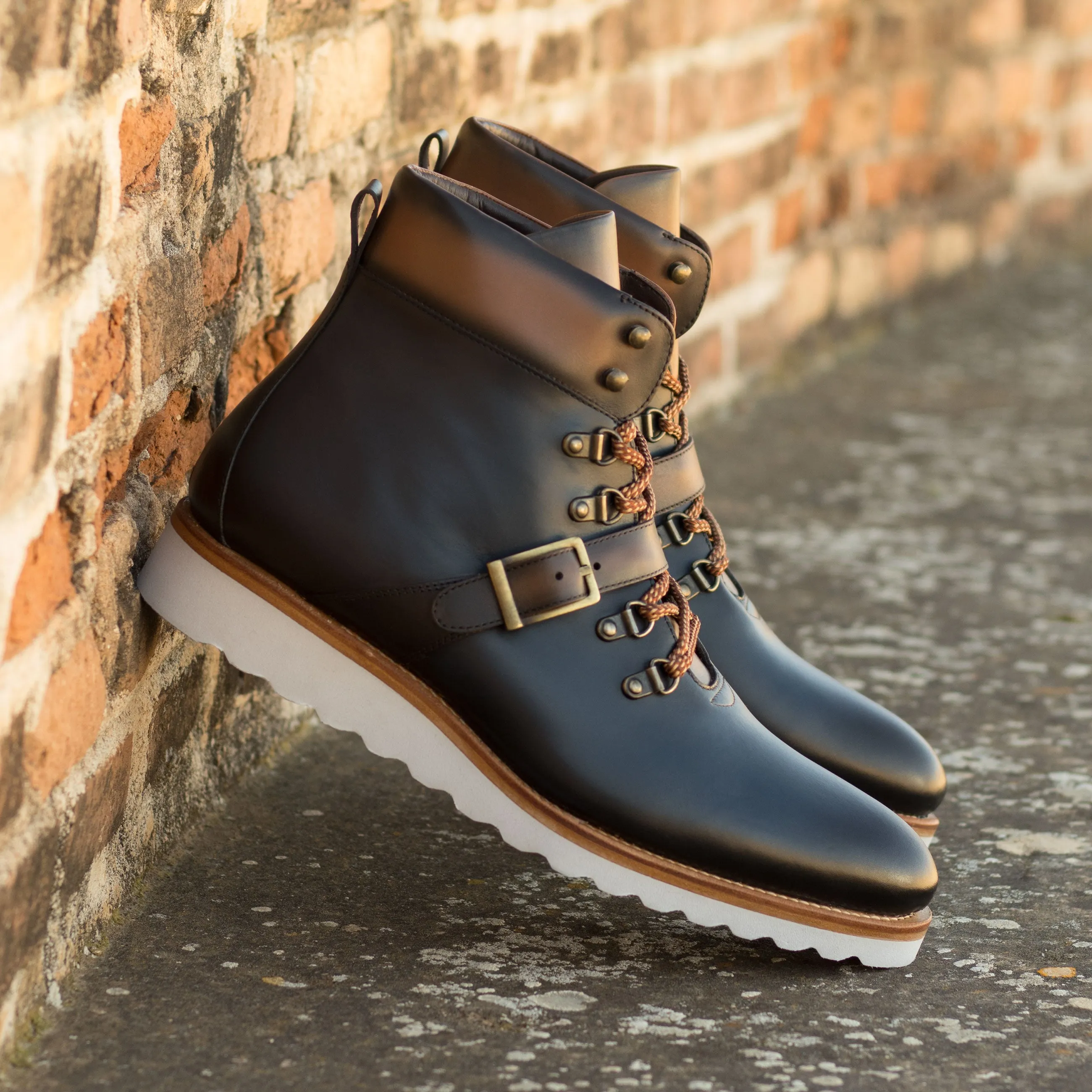 Navy & Brown Calf Hiking Wedge Boots