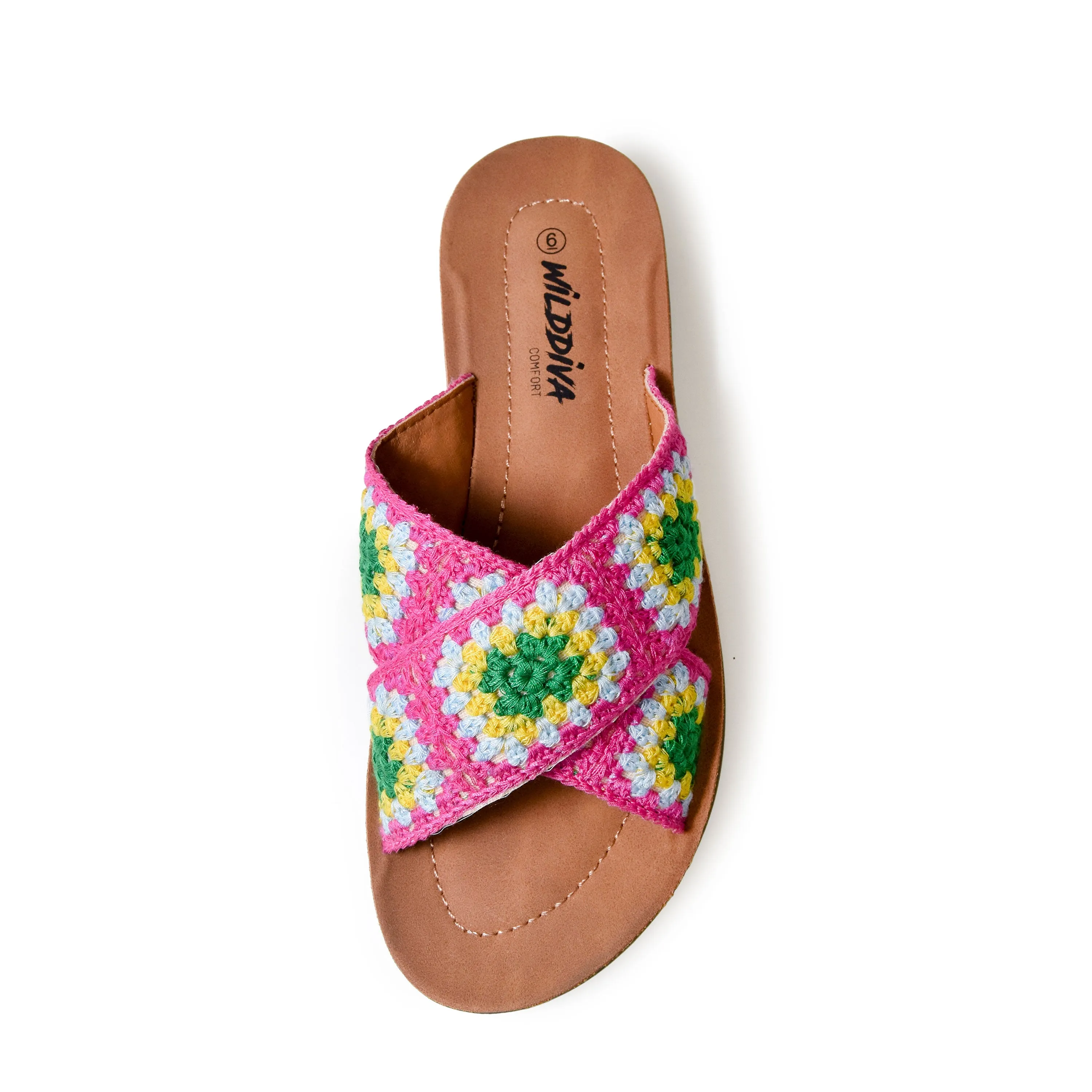 POLABUR-137 Boho Crochet Open Toe Slip On Slide Sandals