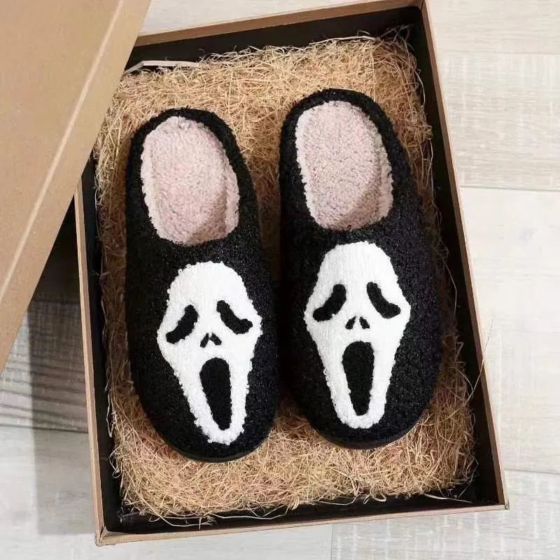 Purpdrank - Halloween Slippers Ghost Face Slippers Pumpkin Slippers Men Flat Soft Plush Cozy Indoor Fuzzy Women House Shoes Fashion Gift Hot