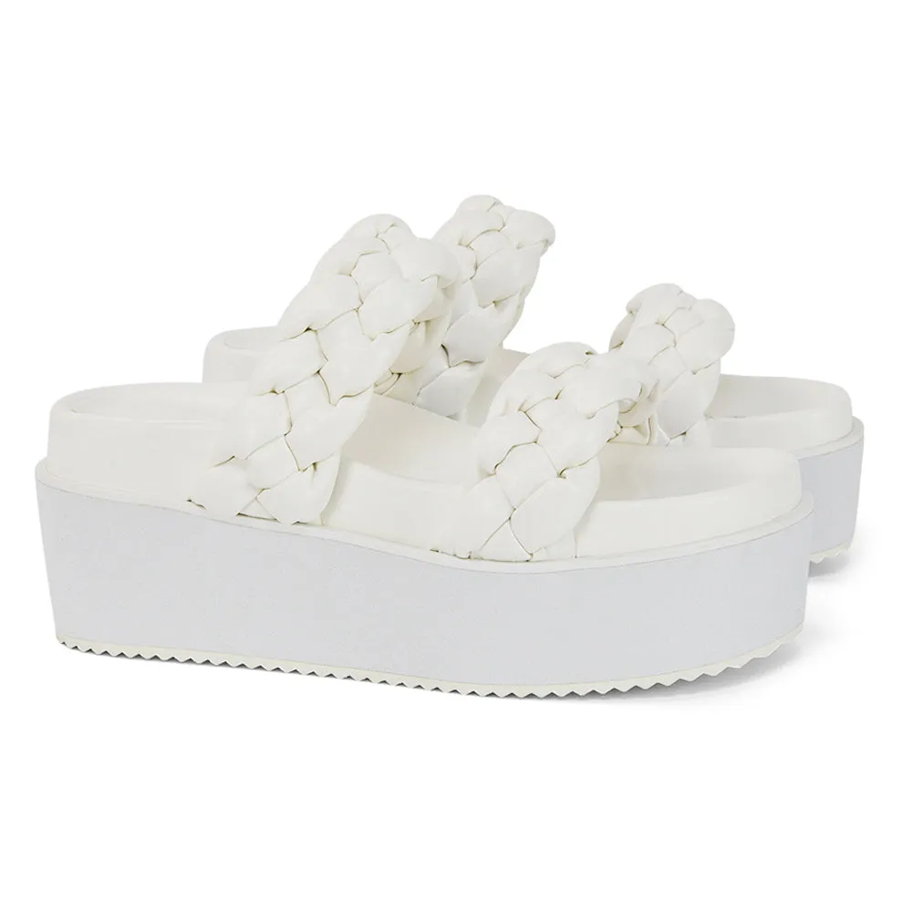 Regina Woven Double Strap Flatform Slip On Sandals in White Synthetic Leather