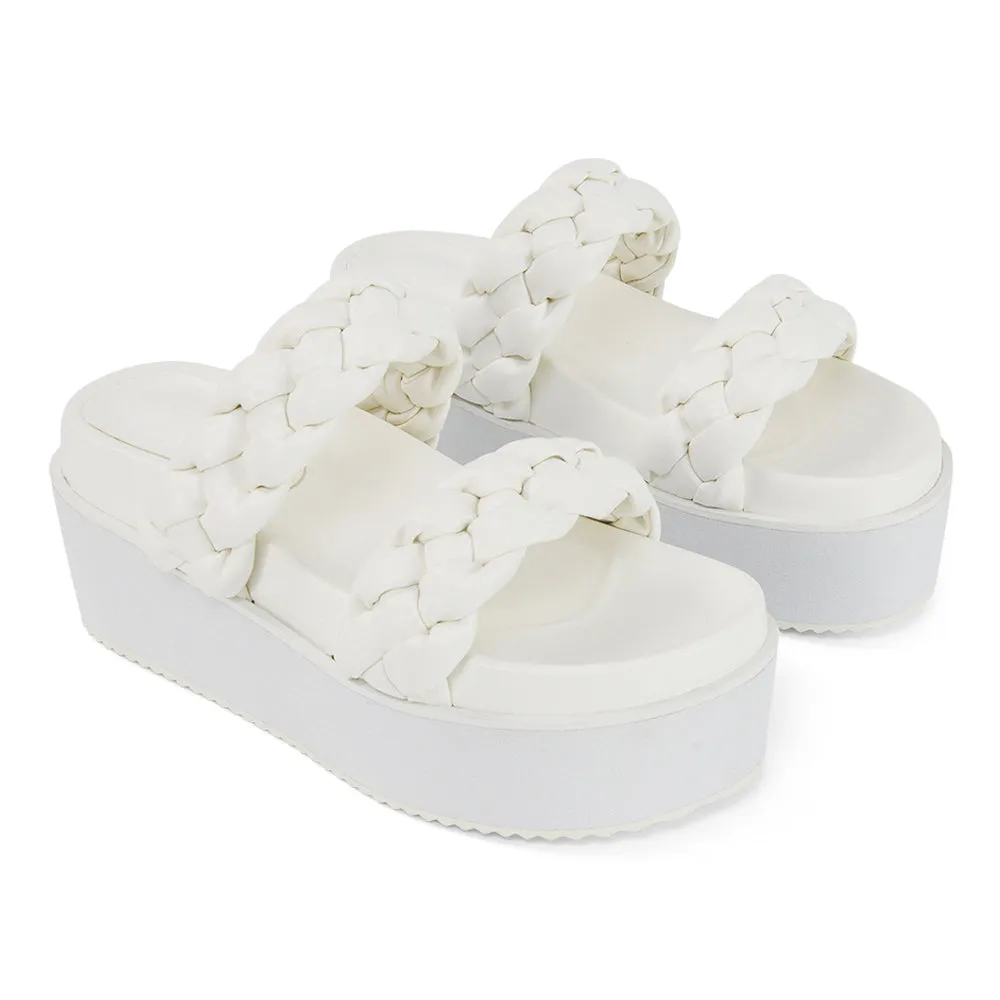 Regina Woven Double Strap Flatform Slip On Sandals in White Synthetic Leather