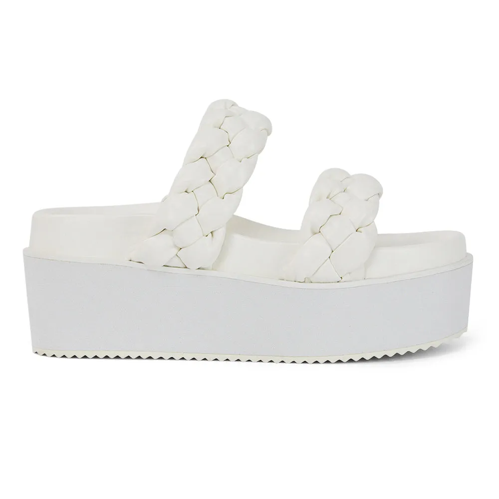 Regina Woven Double Strap Flatform Slip On Sandals in White Synthetic Leather