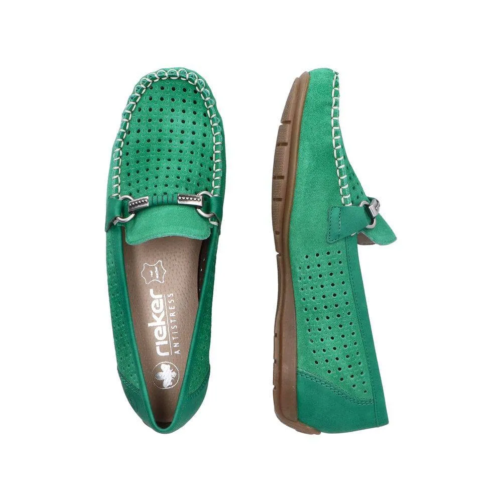 Rieker 40253-54 Ladies Green Leather Slip On Loafers