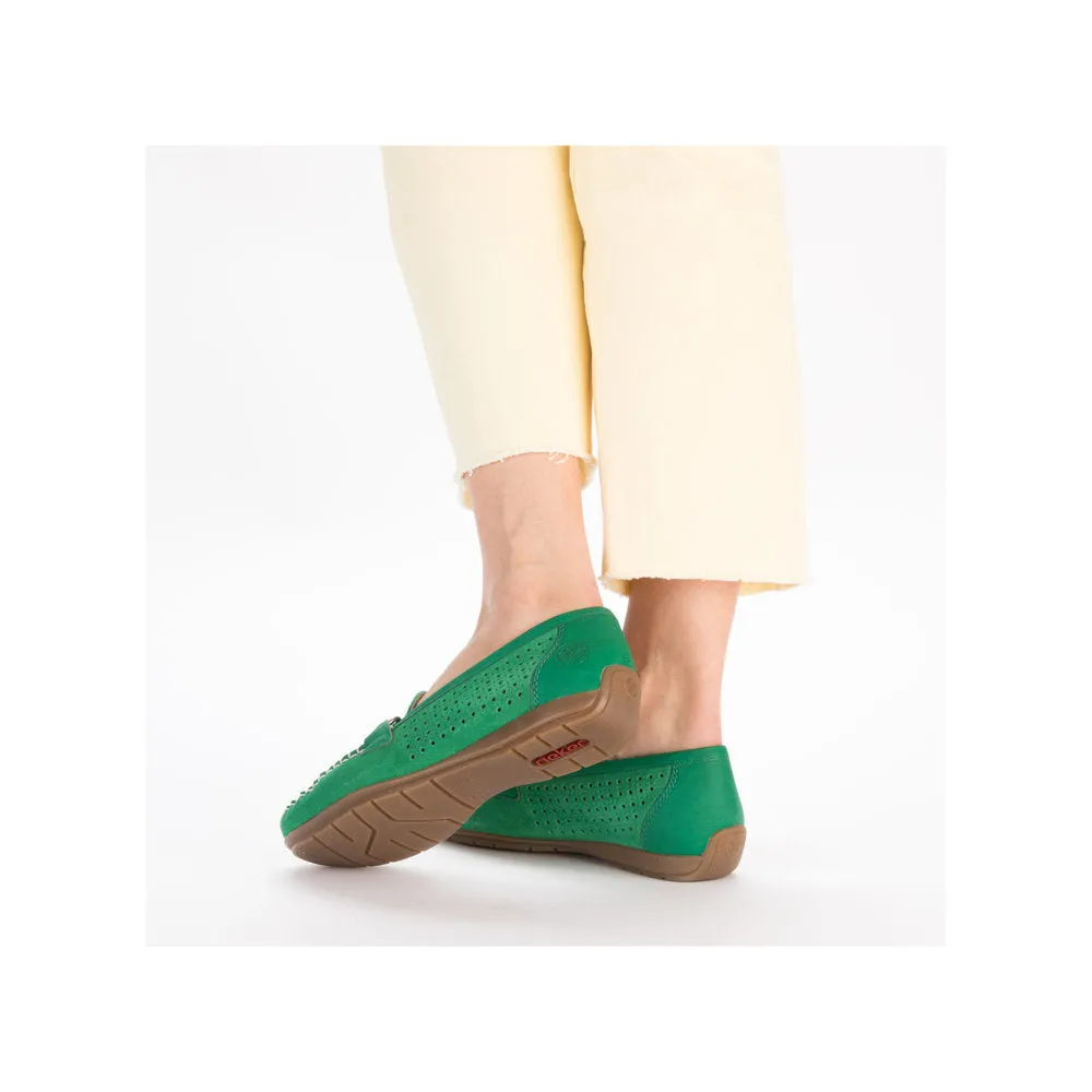 Rieker 40253-54 Ladies Green Leather Slip On Loafers