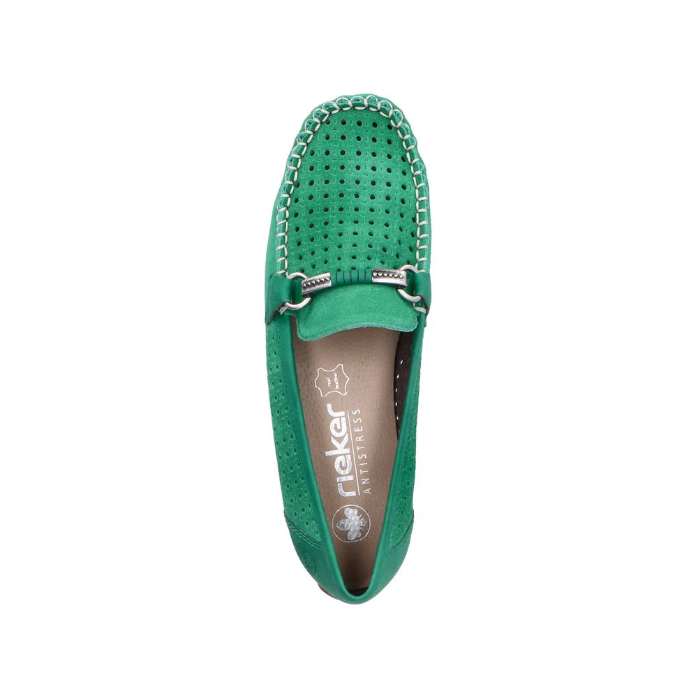 Rieker 40253-54 Ladies Green Leather Slip On Loafers