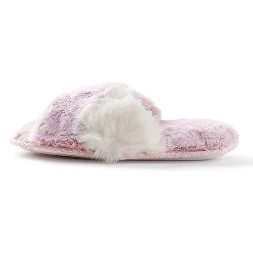 Roxoni Women's Cross Band Soft Furry Slipper 2 Tone Color Cozy Warm Comfy Slip On