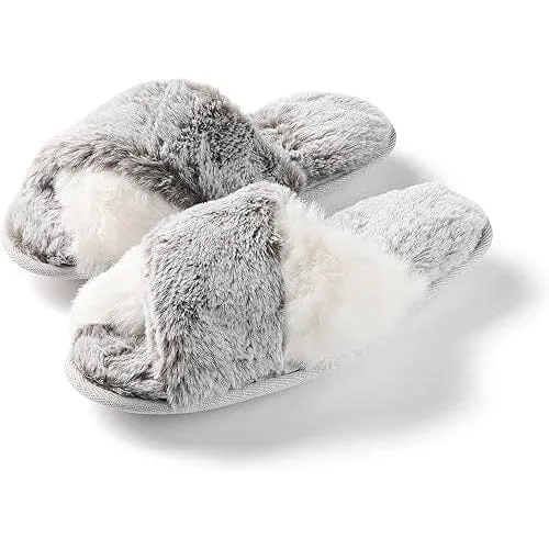 Roxoni Women's Cross Band Soft Furry Slipper 2 Tone Color Cozy Warm Comfy Slip On