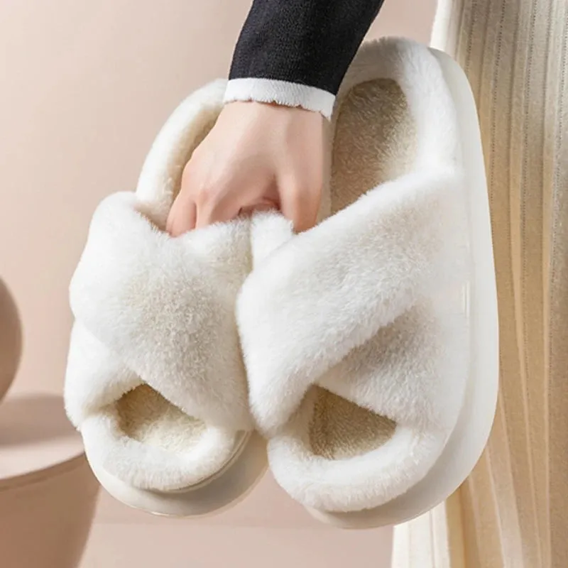 Sohiwoo Winter Cross Fluffy Fur Slippers Casual Female Flip Flops Fluffy Shoes Home Platform Indoor Soft Flat Women Warm Plush Slippers