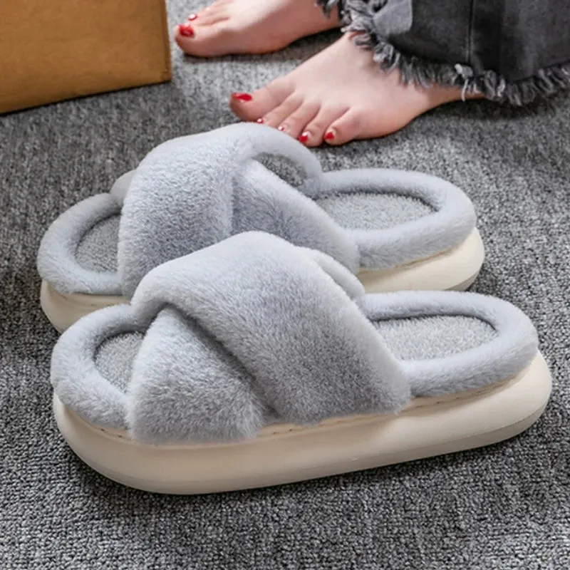 Sohiwoo Winter Cross Fluffy Fur Slippers Casual Female Flip Flops Fluffy Shoes Home Platform Indoor Soft Flat Women Warm Plush Slippers