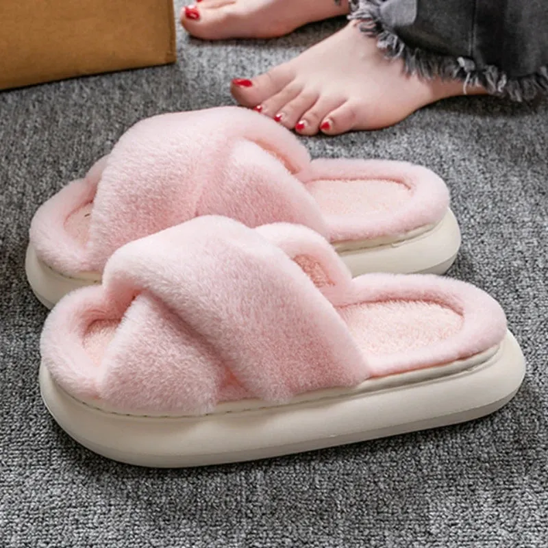 Sohiwoo Winter Cross Fluffy Fur Slippers Casual Female Flip Flops Fluffy Shoes Home Platform Indoor Soft Flat Women Warm Plush Slippers