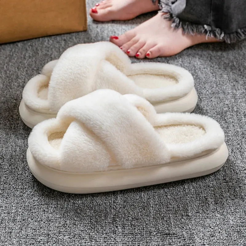 Sohiwoo Winter Cross Fluffy Fur Slippers Casual Female Flip Flops Fluffy Shoes Home Platform Indoor Soft Flat Women Warm Plush Slippers