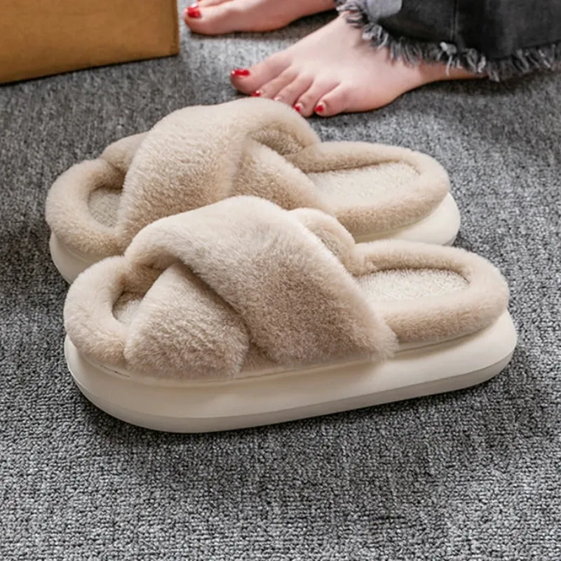 Sohiwoo Winter Cross Fluffy Fur Slippers Casual Female Flip Flops Fluffy Shoes Home Platform Indoor Soft Flat Women Warm Plush Slippers