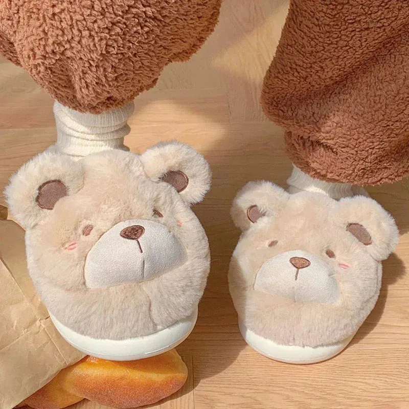 Sohiwoo Women's Cotton Slippers Are Non Slip Soft Comfortable Warm Home Plush Shoes Winter New Cute Women's Plush Little Bear Slippers