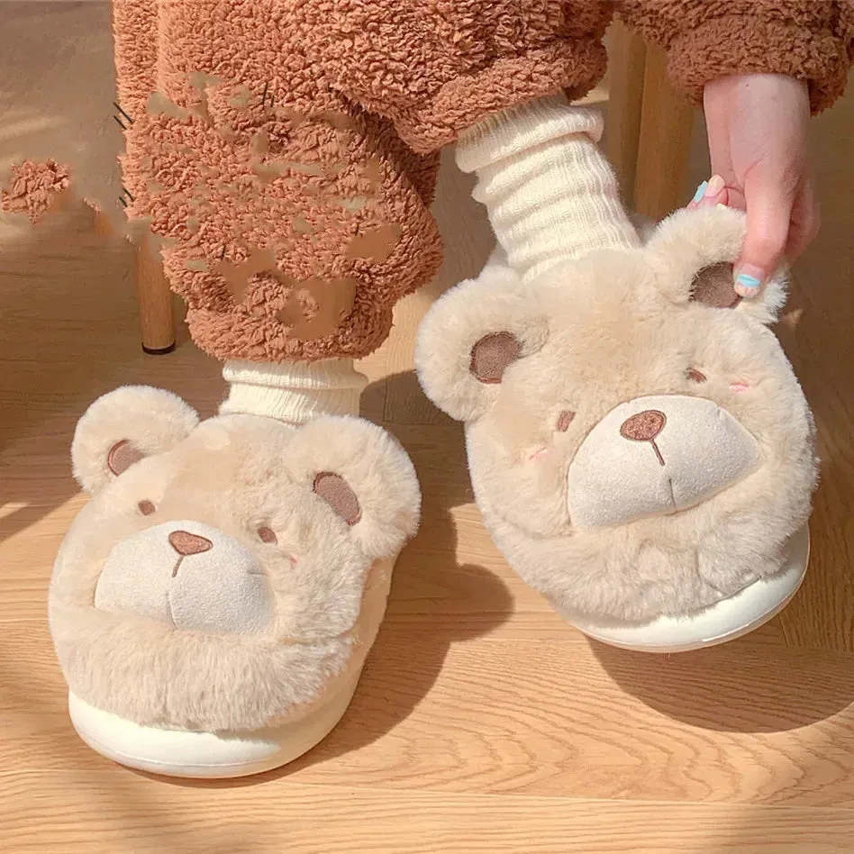 Sohiwoo Women's Cotton Slippers Are Non Slip Soft Comfortable Warm Home Plush Shoes Winter New Cute Women's Plush Little Bear Slippers