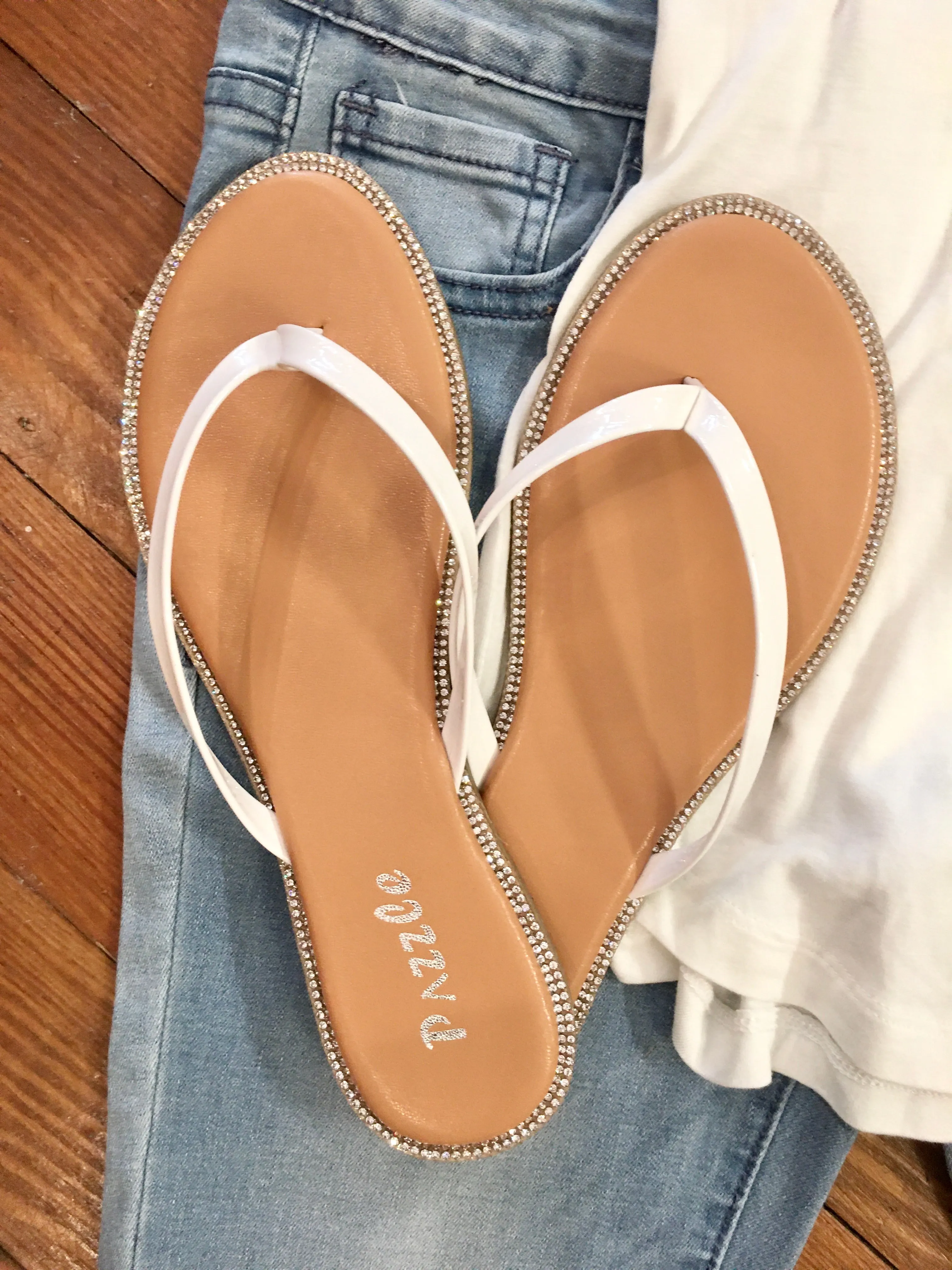 Sparkle Darling Narrow Strap Flip Flops in White