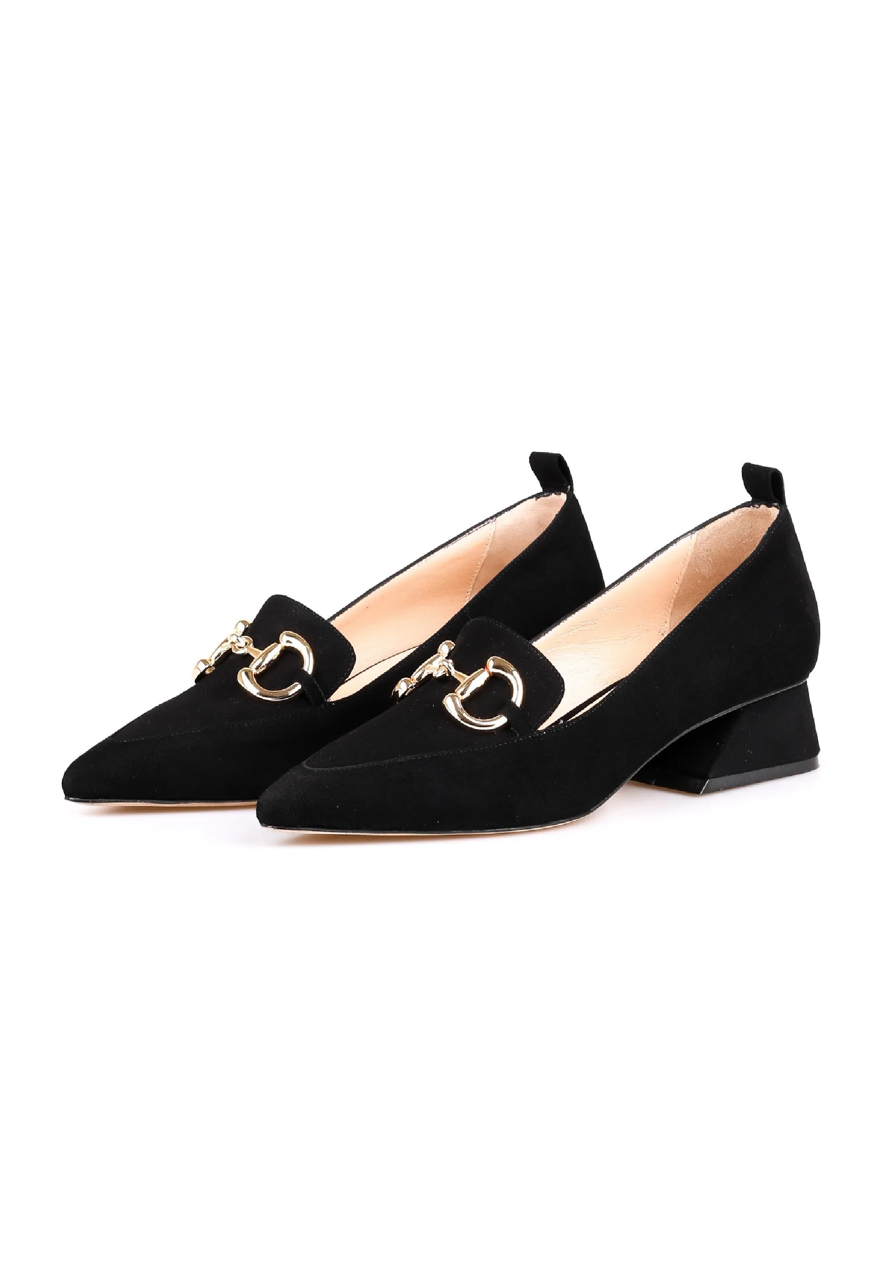 Suede Block Heel Loafers with Gold Chain Detail - Black