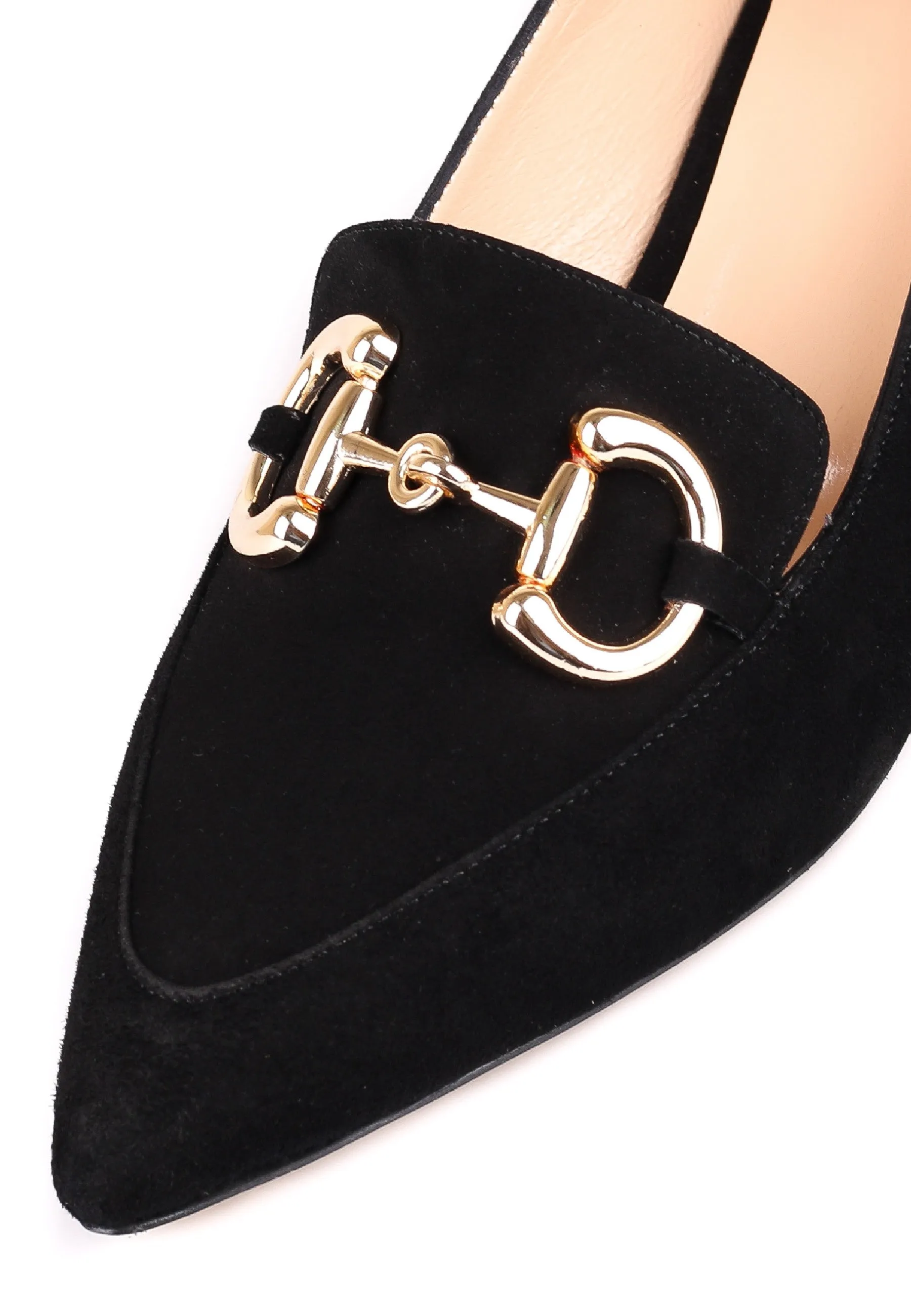 Suede Block Heel Loafers with Gold Chain Detail - Black