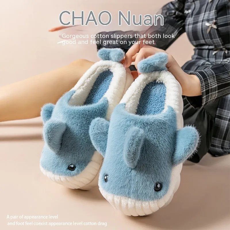 Winter Cute Shark Shoes Women Thick Sole Warm Plush Home Fluffy Slippers Outdoor Garden Indoor Floor House Shoes Dropshipping