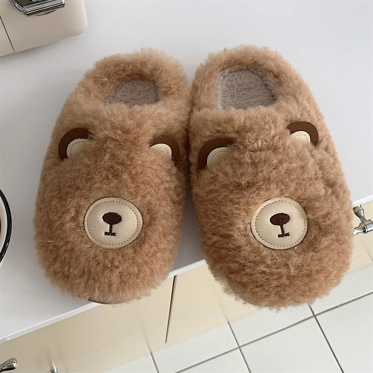 Winter indoor slippers cartoon fruit soft fluffy plush thick-soled flat shoelaces non-slip heel non-slip shoes casual ladies