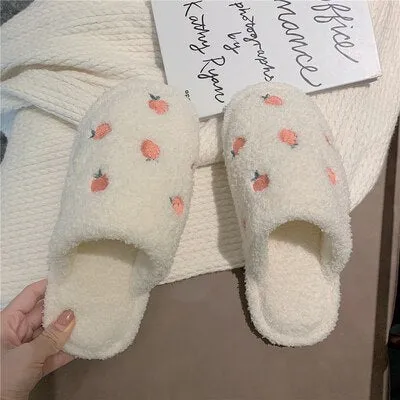 Winter indoor slippers cartoon fruit soft fluffy plush thick-soled flat shoelaces non-slip heel non-slip shoes casual ladies