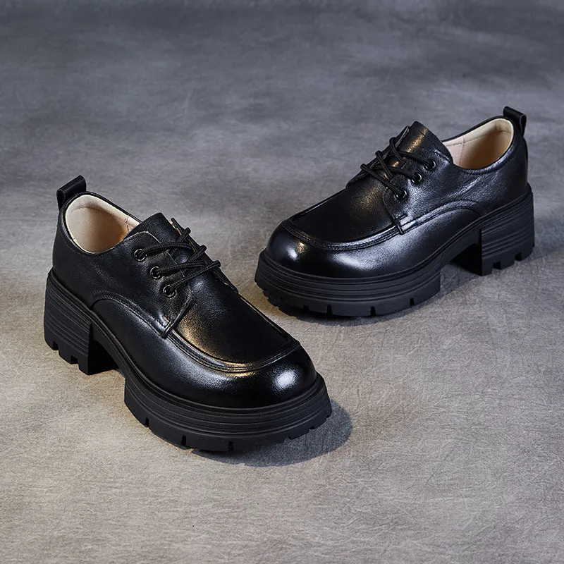 Women Casual Leather Platform Lace-up Loafers