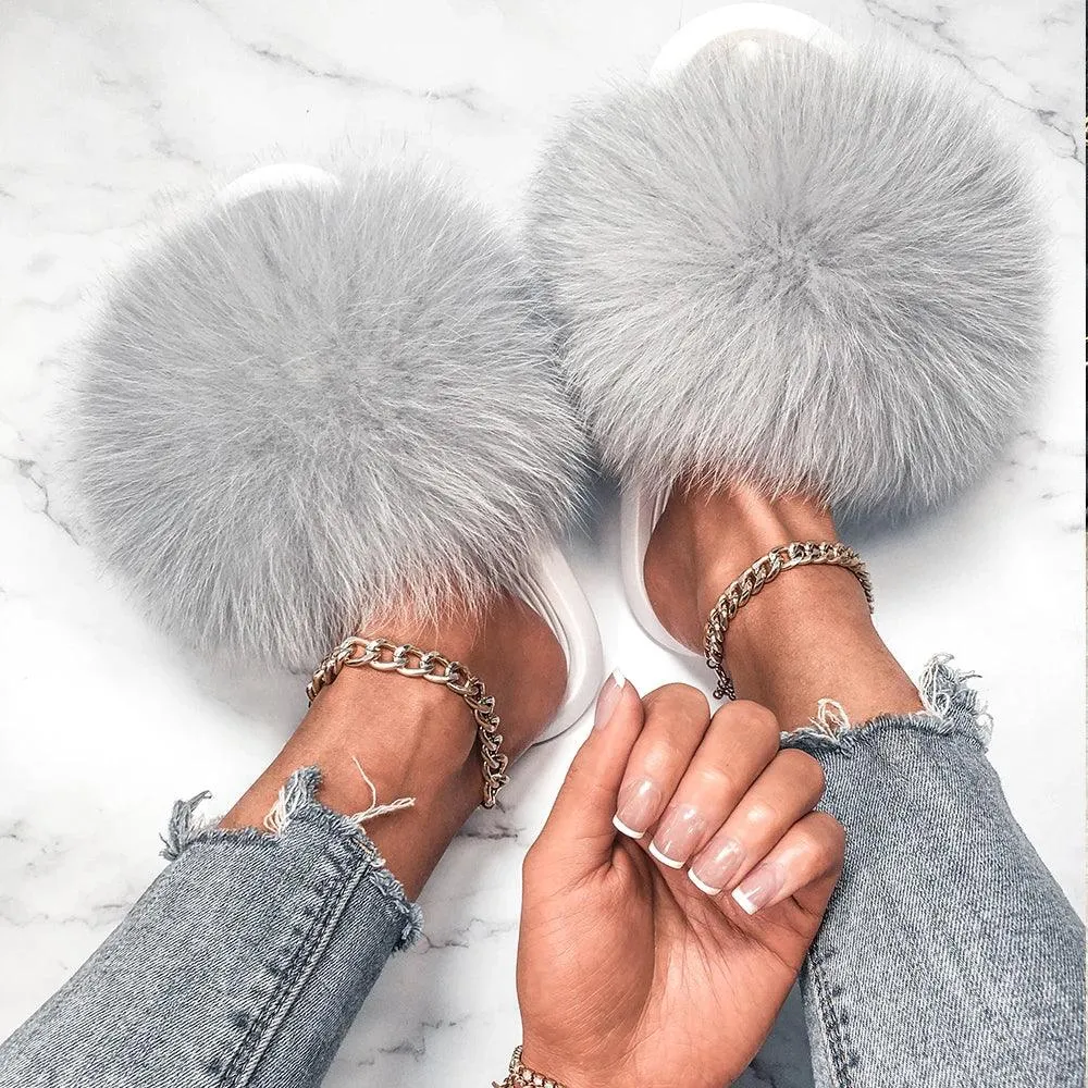 Women's Fluffy Fox Fur Slippers - Plush Sandals for Comfort and Style