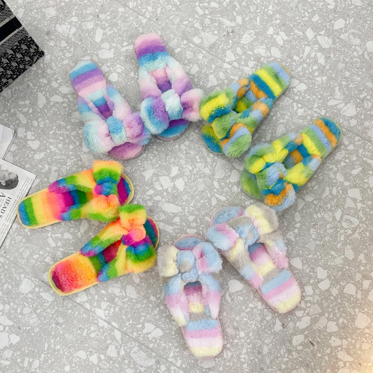 Women's rainbow striped fluffy slippers winter indoor shoes