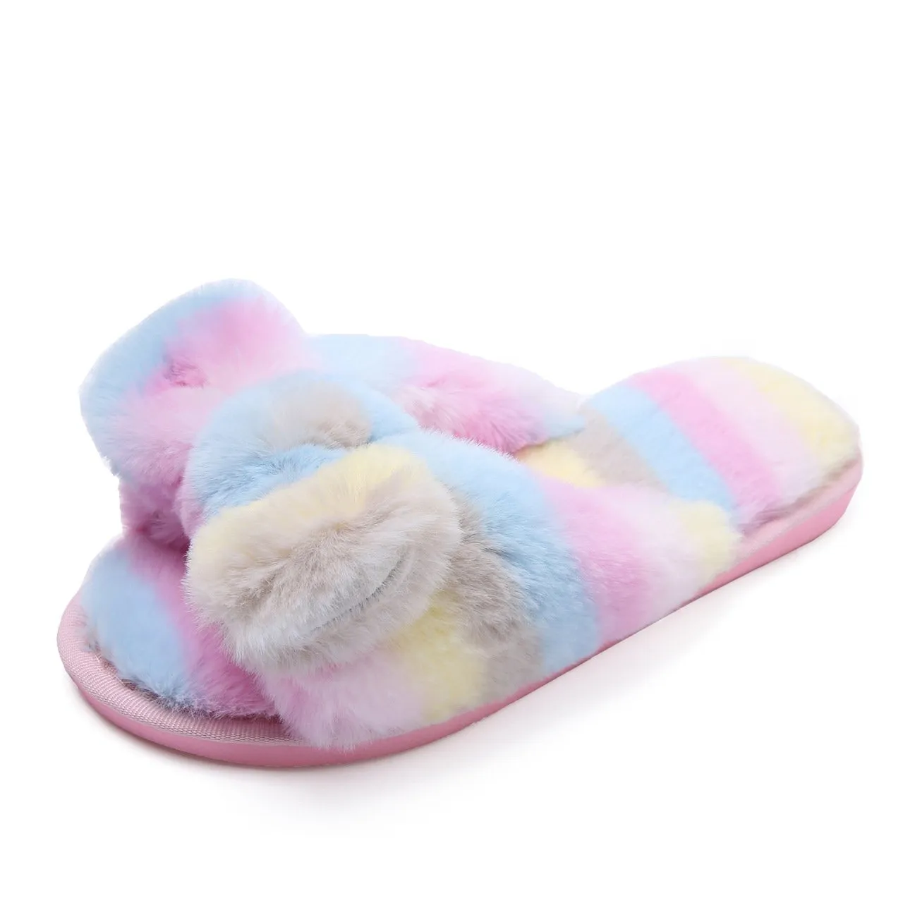 Women's rainbow striped fluffy slippers winter indoor shoes