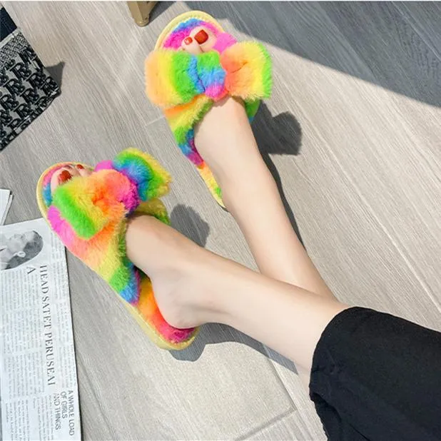 Women's rainbow striped fluffy slippers winter indoor shoes