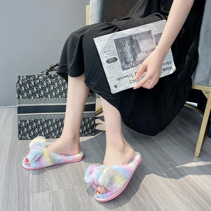 Women's rainbow striped fluffy slippers winter indoor shoes