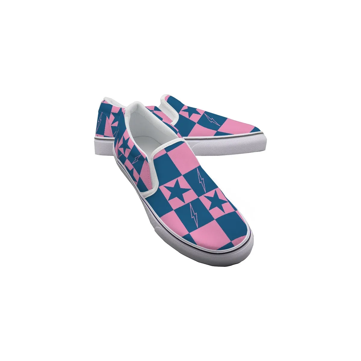 Women's Slip On Sneakers  221 pink with blue stars in squares print