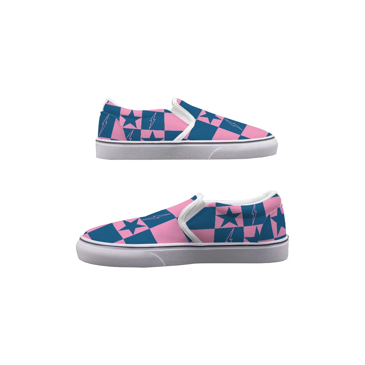 Women's Slip On Sneakers  221 pink with blue stars in squares print