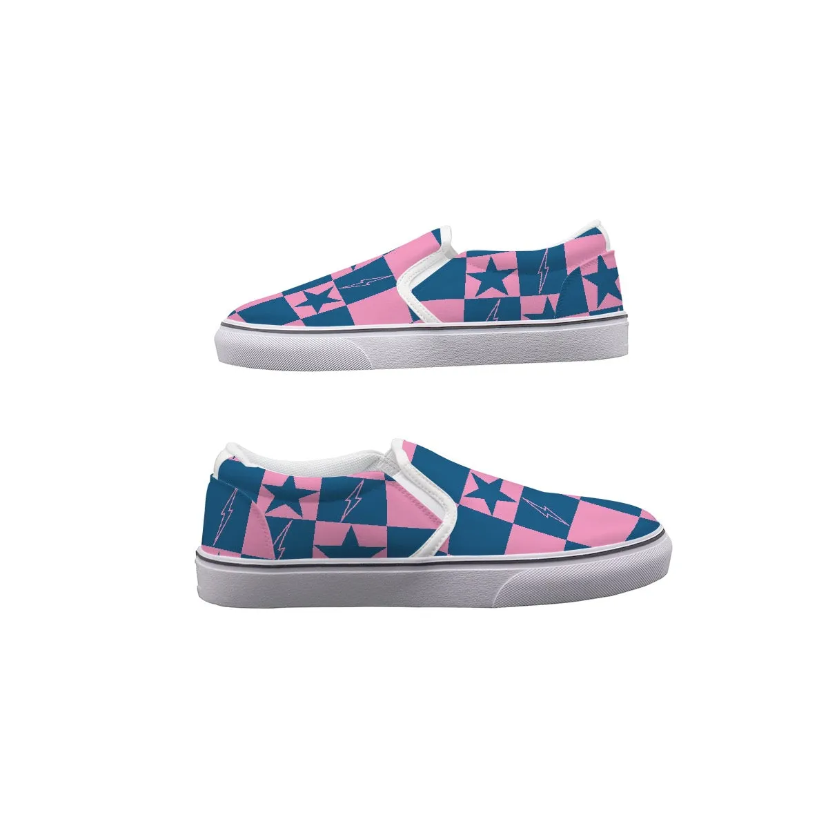 Women's Slip On Sneakers  221 pink with blue stars in squares print